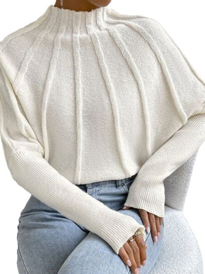 Women's half turtleneck solid color versatile knitted pullover bat sleeve sweater - FashionistaDeal