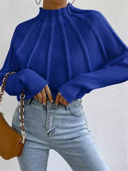 Women's half turtleneck solid color versatile knitted pullover bat sleeve sweater - FashionistaDeal