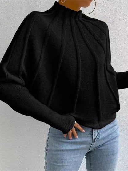 Women's half turtleneck solid color versatile knitted pullover bat sleeve sweater - FashionistaDeal