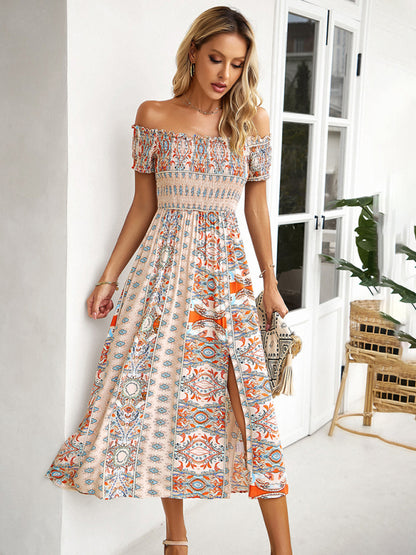 Women's one-shoulder bohemian slit dress