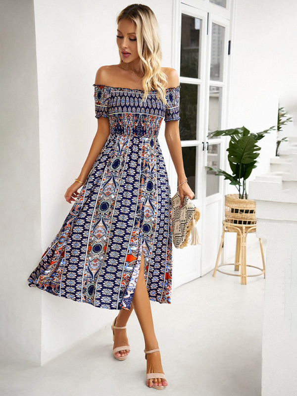 Women's one-shoulder bohemian slit dress