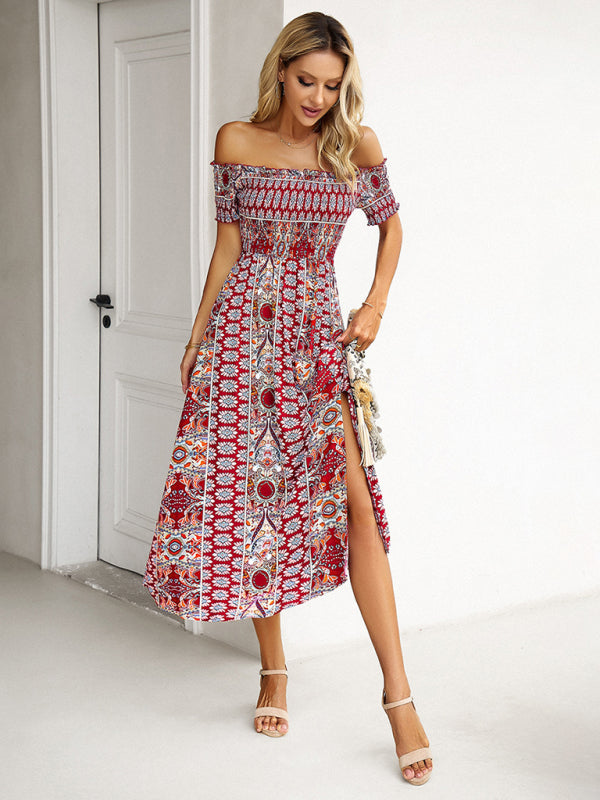 Women's one-shoulder bohemian slit dress