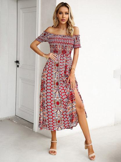 Women's one-shoulder bohemian slit dress