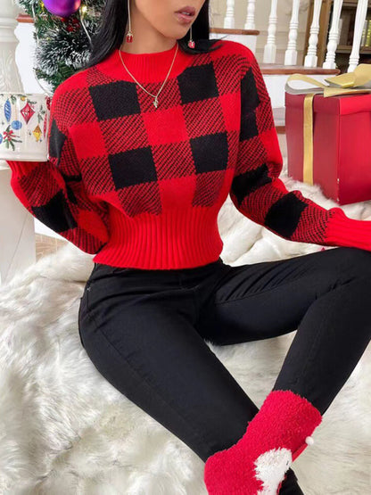 Women's round neck loose jacquard plaid knitted sweater.. - FashionistaDeal