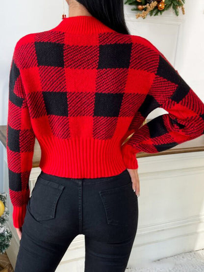 Women's round neck loose jacquard plaid knitted sweater.. - FashionistaDeal