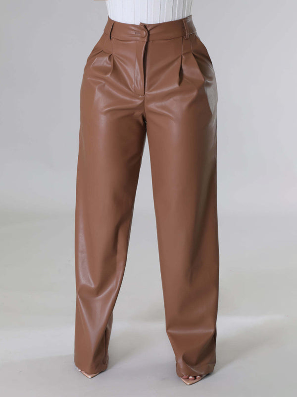 PU women's loose wide-leg pocket casual leather pants - FashionistaDeal