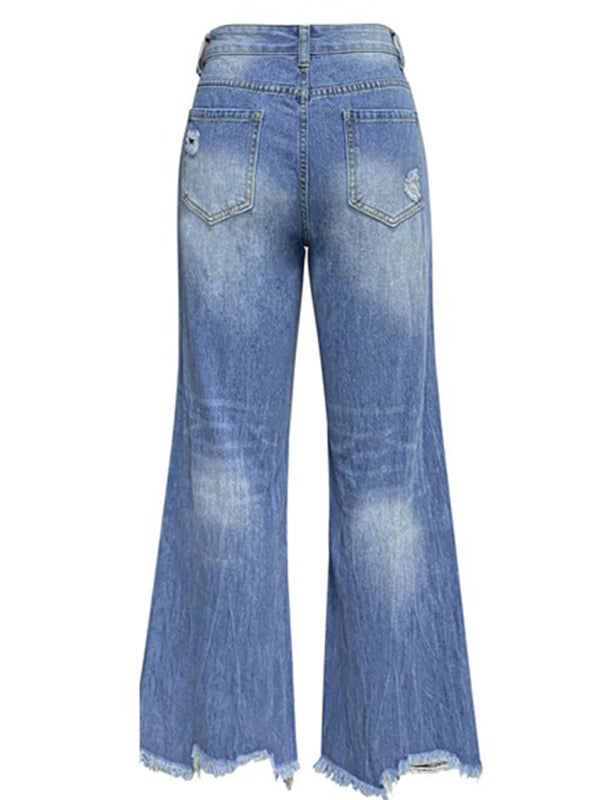 Women's tassel washed ripped wide leg jeans - FashionistaDeal