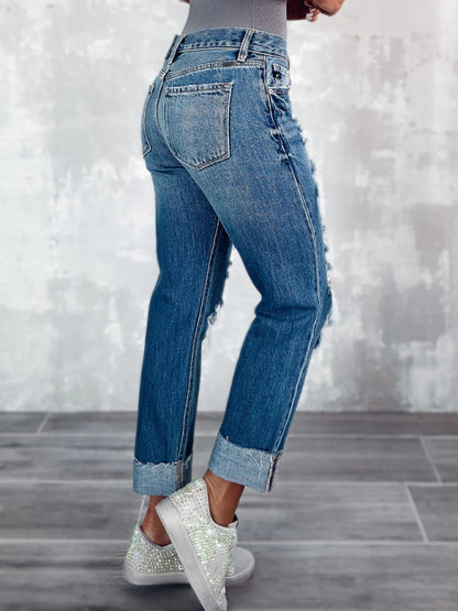 Women's high waist ripped straight leg street style long jeans - FashionistaDeal