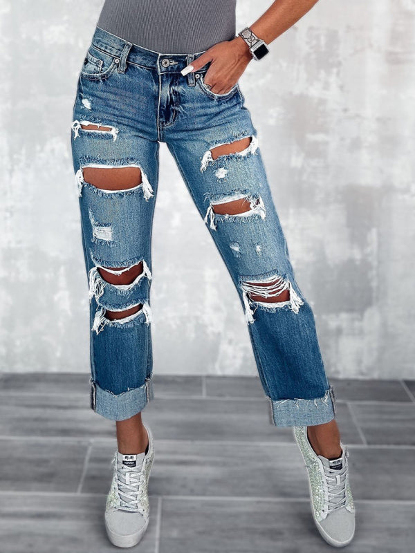 Women's high waist ripped straight leg street style long jeans - FashionistaDeal