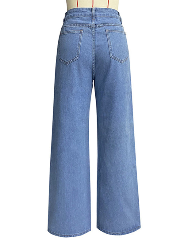 Women's high waist wide leg pants street style washed jeans - FashionistaDeal