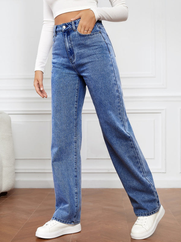 Women's High Waist Washed Straight Leg Jeans - FashionistaDeal