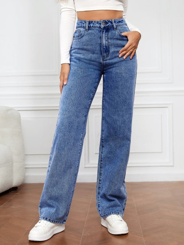 Women's High Waist Washed Straight Leg Jeans - FashionistaDeal