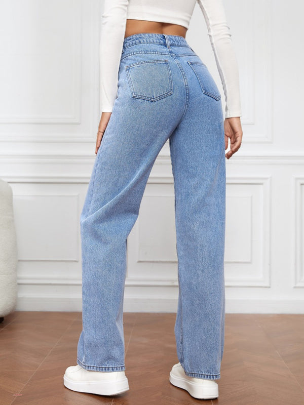 Women's High Waist Washed Straight Leg Jeans - FashionistaDeal