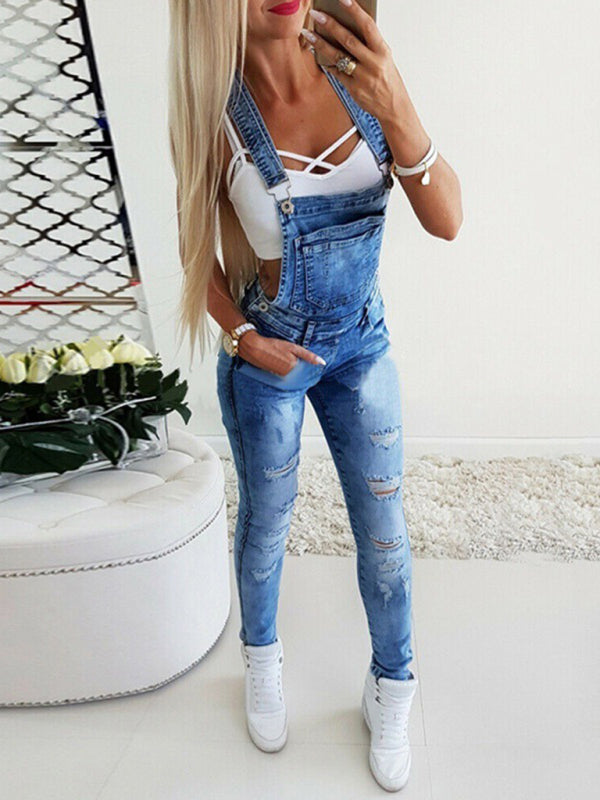 Sexy Tight Overalls Hand-Teared Women's Jeans - FashionistaDeal