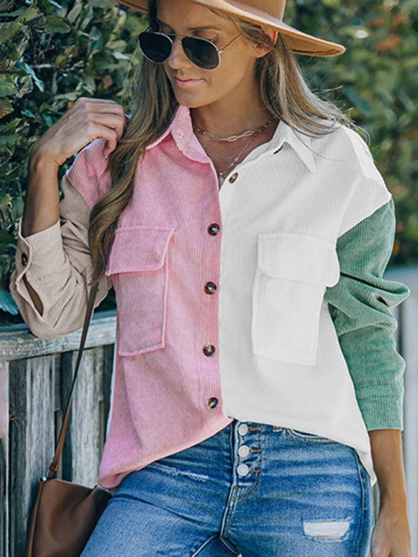 Women's Contrast Color Shirt Style Single Breasted Casual Jacket Top - FashionistaDeal