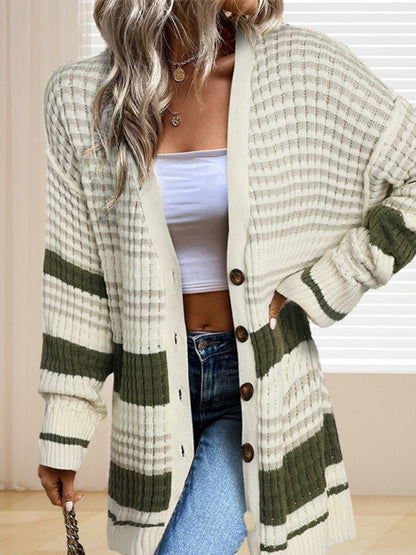 Women's mid-length striped single-breasted coat cardigan - FashionistaDeal