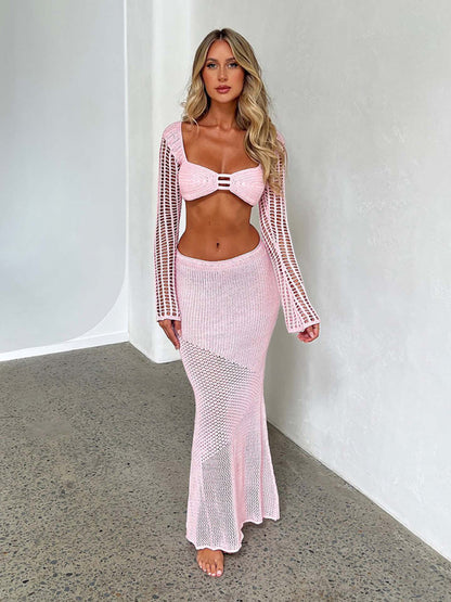 Tie long sleeve hip-hugging casual knitted maxi skirt suit - FashionistaDeal