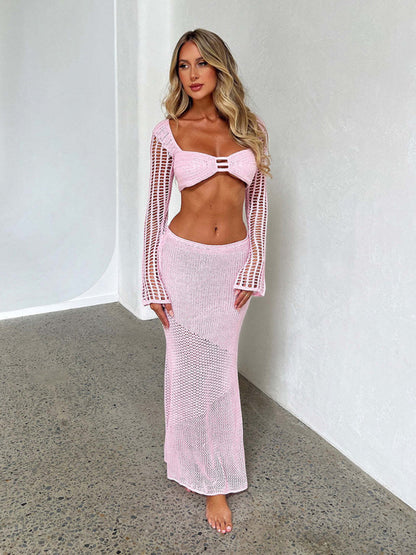 Tie long sleeve hip-hugging casual knitted maxi skirt suit - FashionistaDeal