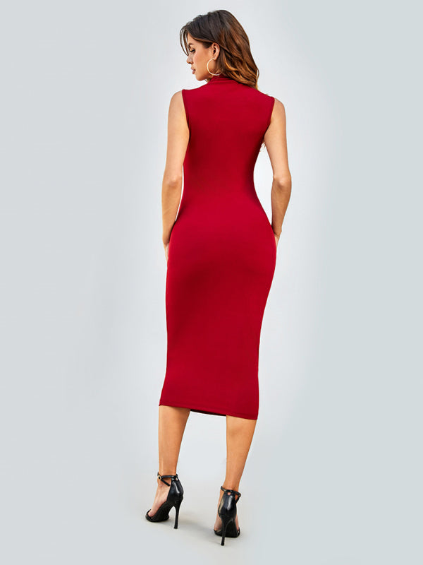 New women's simple round neck sleeveless hip-hugging tight dress - FashionistaDeal