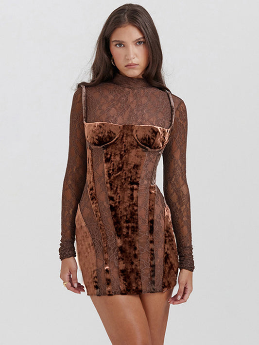 New high collar lace long sleeve hollow contrasting color slim fit dress - FashionistaDeal