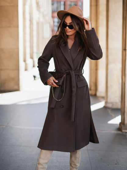 Women's simple long-sleeved solid color suit collar tie-up woolen jacket - FashionistaDeal