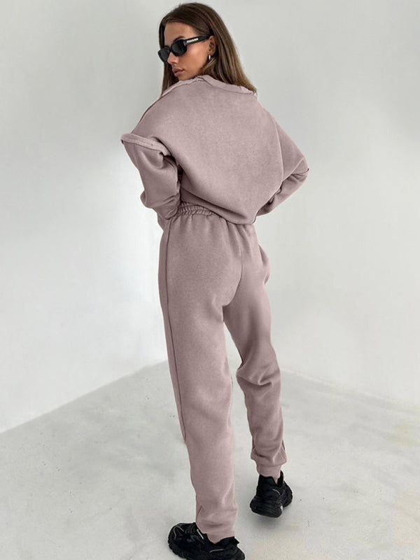 Women's new patchwork knitted fleece sweatshirt pencil pants two-piece suit - FashionistaDeal