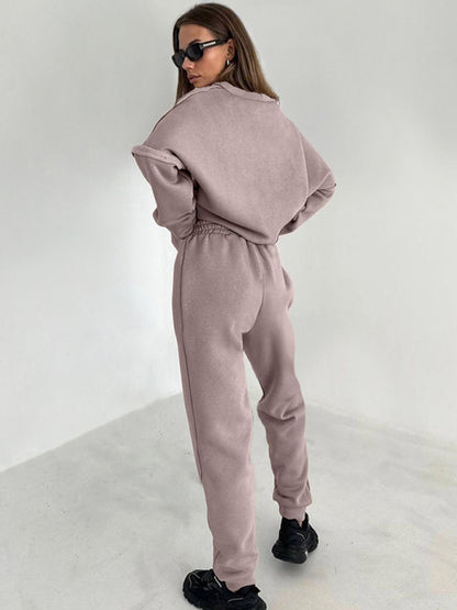 Women's new patchwork knitted fleece sweatshirt pencil pants two-piece suit - FashionistaDeal