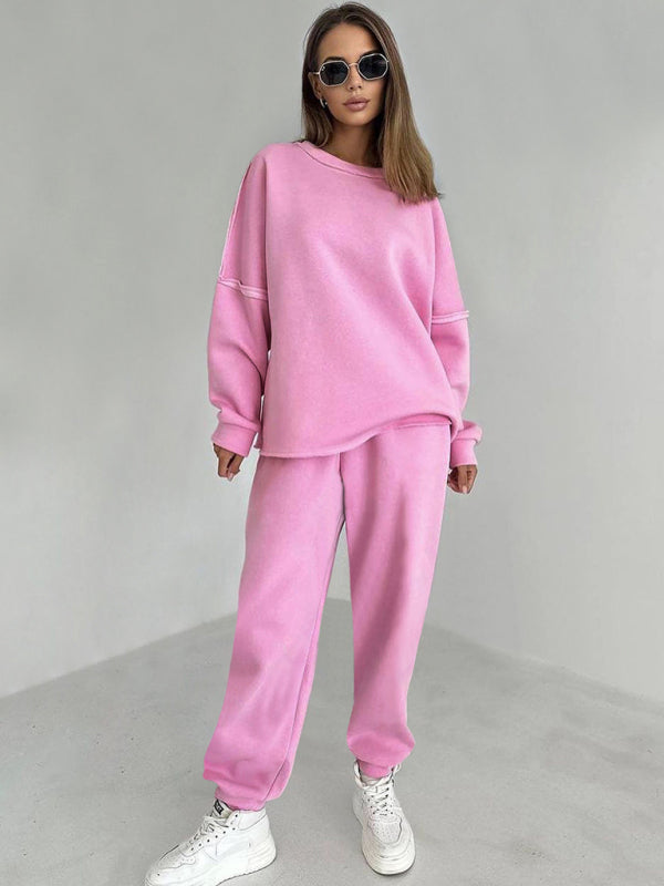 Women's new patchwork knitted fleece sweatshirt pencil pants two-piece suit - FashionistaDeal