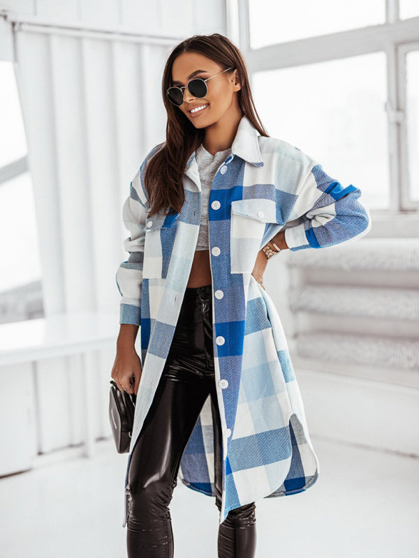 Women's new color flannel plaid long windbreaker fashionable shirt woolen jacket - FashionistaDeal