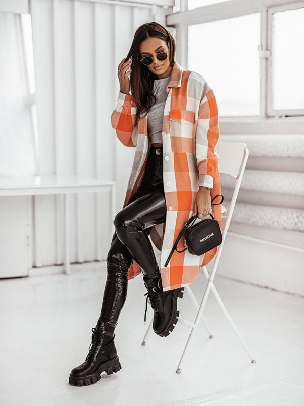 Women's new color flannel plaid long windbreaker fashionable shirt woolen jacket - FashionistaDeal