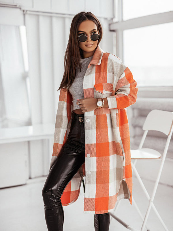 Women's new color flannel plaid long windbreaker fashionable shirt woolen jacket - FashionistaDeal