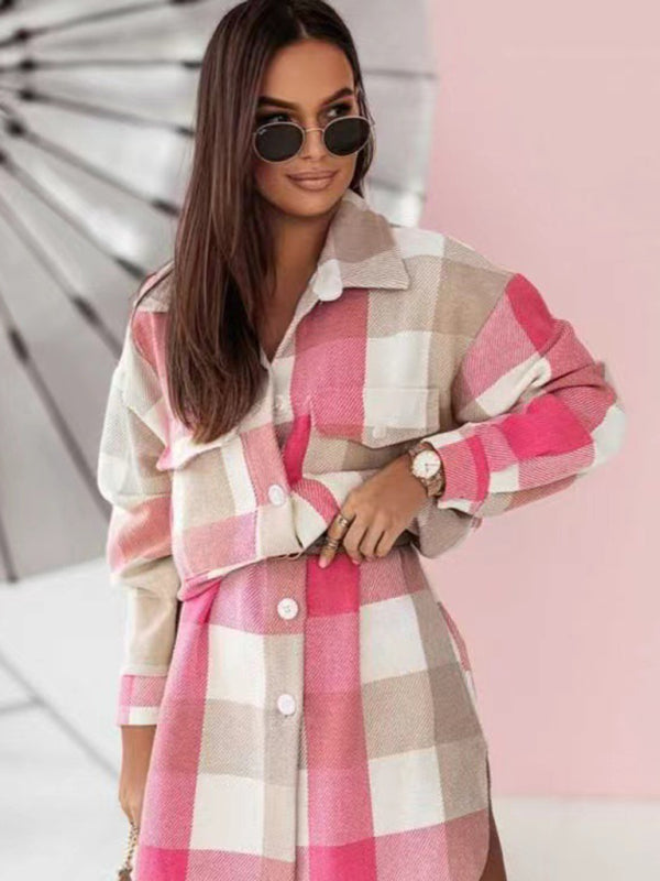 Women's new color flannel plaid long windbreaker fashionable shirt woolen jacket - FashionistaDeal