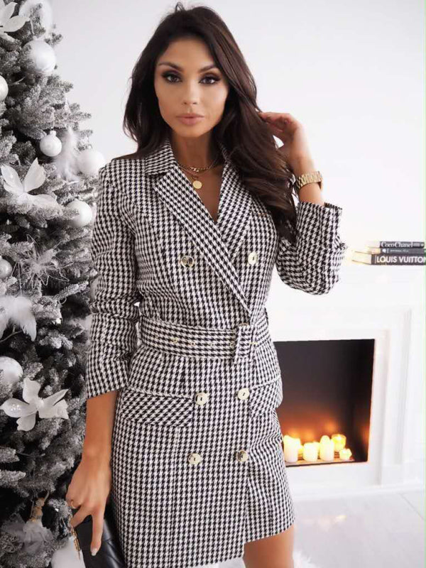 Women's new long-sleeved belted colorful suit work dresses - FashionistaDeal