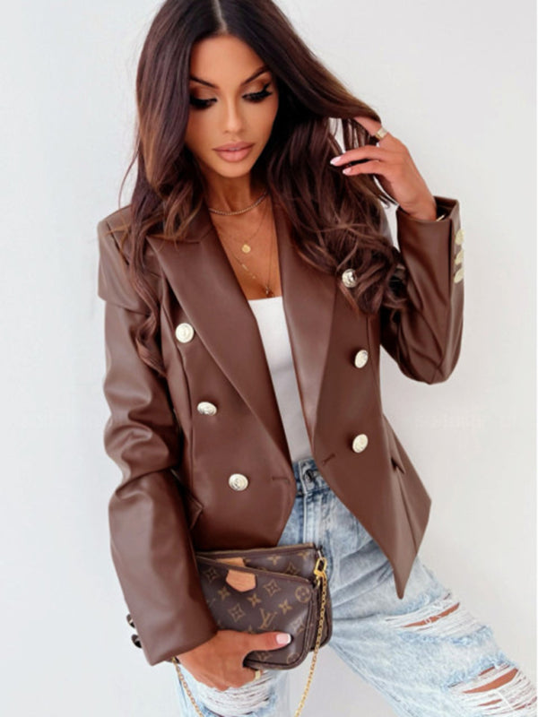 Women's new long-sleeved double-breasted fashionable PU leather suit - FashionistaDeal