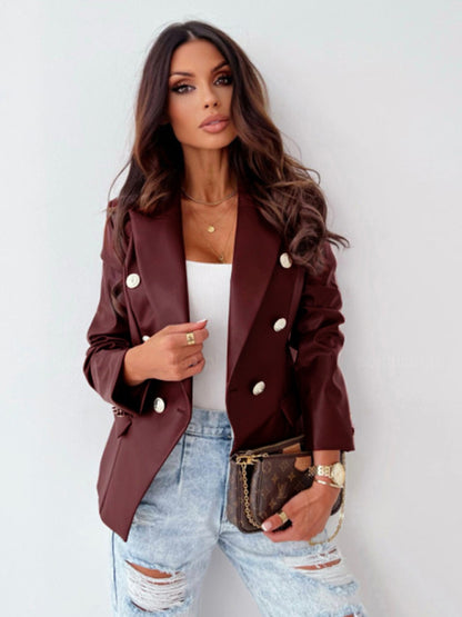 Women's new long-sleeved double-breasted fashionable PU leather suit - FashionistaDeal