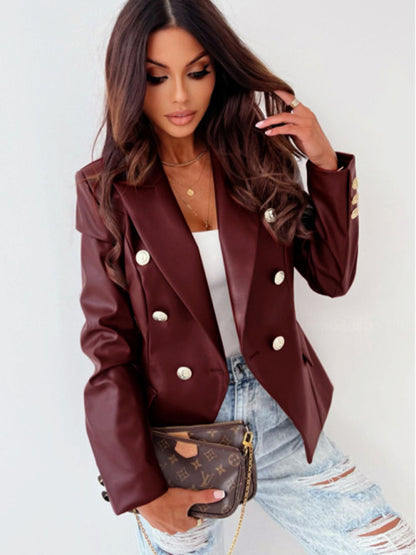 Women's new long-sleeved double-breasted fashionable PU leather suit - FashionistaDeal