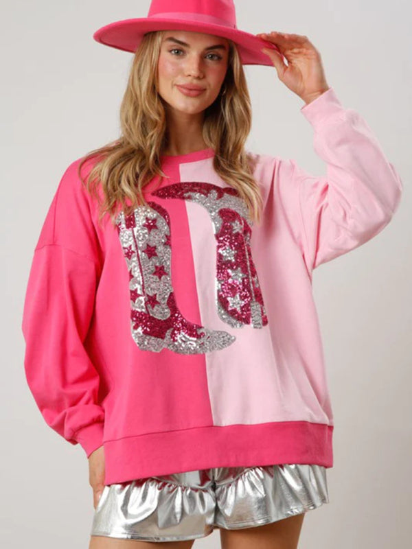 Women's sequined boots color-blocked long-sleeved sweatshirt - FashionistaDeal