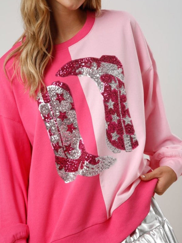 Women's sequined boots color-blocked long-sleeved sweatshirt - FashionistaDeal