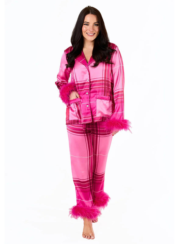 Women's New Satin Plaid Print Santa Claus Casual Suit Home Clothes Pajama Suit - FashionistaDeal