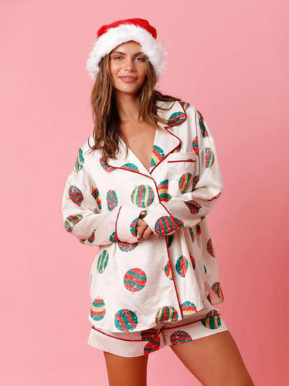 Women's New Satin Plaid Print Santa Claus Casual Shorts Long Sleeve Homewear Pajamas Set - FashionistaDeal