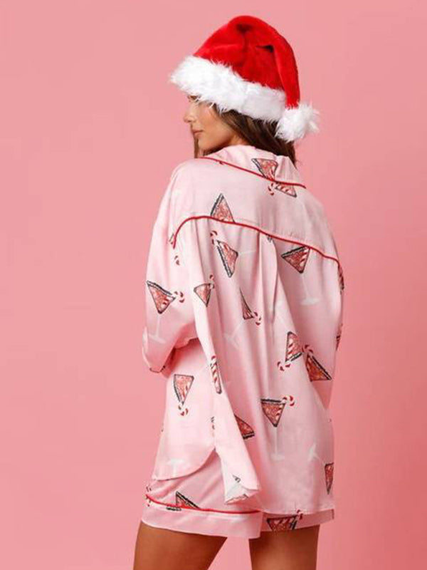 Women's New Satin Plaid Print Santa Claus Casual Shorts Long Sleeve Homewear Pajamas Set - FashionistaDeal