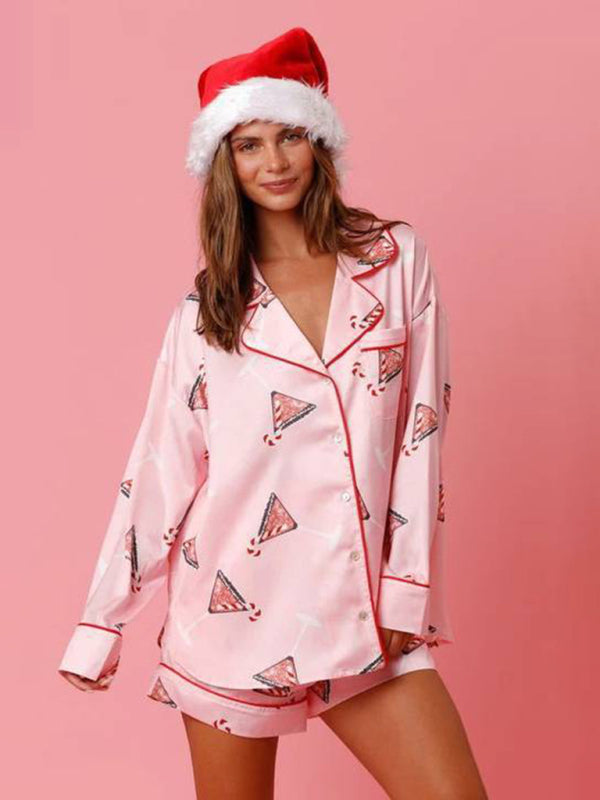 Women's New Satin Plaid Print Santa Claus Casual Shorts Long Sleeve Homewear Pajamas Set - FashionistaDeal