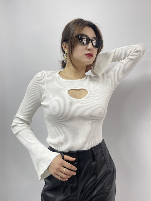 Women's Valentine's Day New Year Love Hollow Round Neck Bell Sleeve Knitted Top - FashionistaDeal