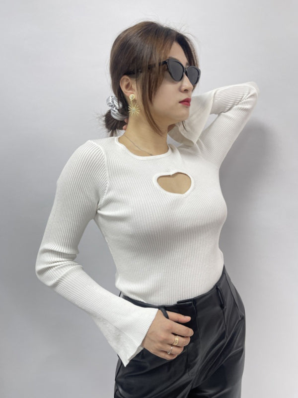 Women's Valentine's Day New Year Love Hollow Round Neck Bell Sleeve Knitted Top - FashionistaDeal