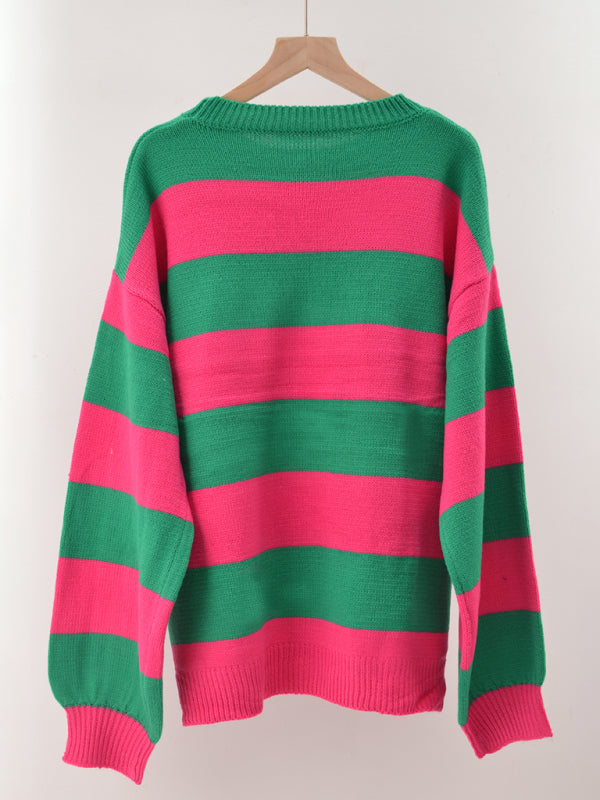 Women's patchwork striped round neck casual knitted sweater - FashionistaDeal