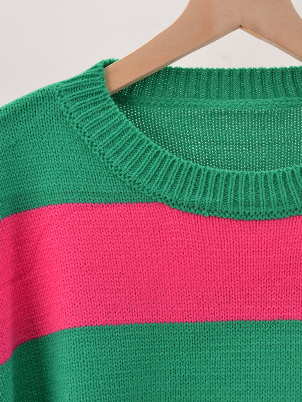 Women's patchwork striped round neck casual knitted sweater - FashionistaDeal