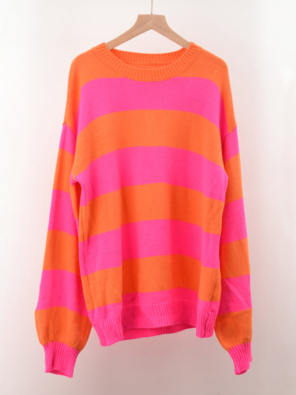 Women's patchwork striped round neck casual knitted sweater - FashionistaDeal