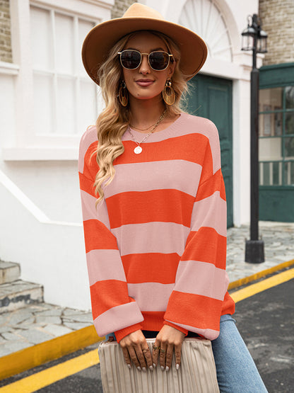 Women's patchwork striped round neck casual knitted sweater - FashionistaDeal