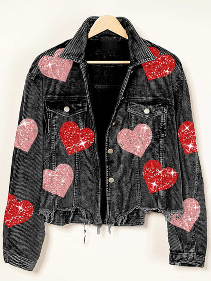 Women Valentine's Day Love Sequin Jacket Raw Edge Corduroy Jacket - FashionistaDeal