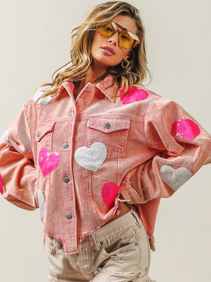 Women Valentine's Day Love Sequin Jacket Raw Edge Corduroy Jacket - FashionistaDeal